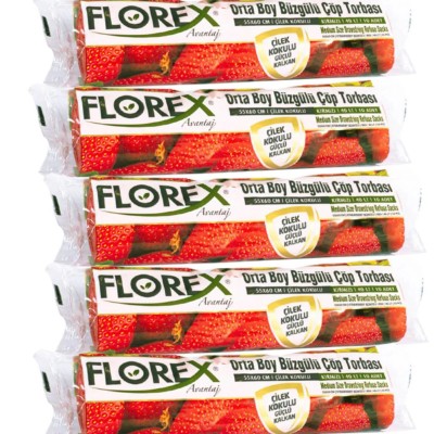 Florex Büzgülü Çilek Kokulu Büyük Boy Çöp Torbası 55x60 Cm 5 Li Rulo